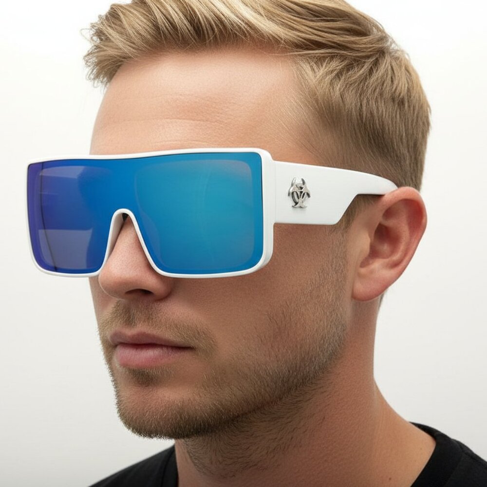 NEW Mens BioHazard Mirrored Oversized Biker Iconic Sunglasses White NWT